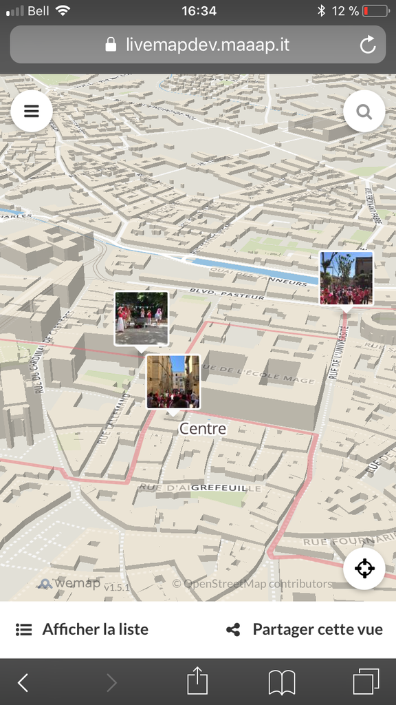 Screenshot: livemap - mobile view - with itinerary